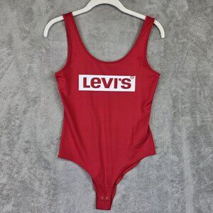 Levi's Bodysuit Womens S Red White Logo Scoop Neck Snap Stretch One Piece